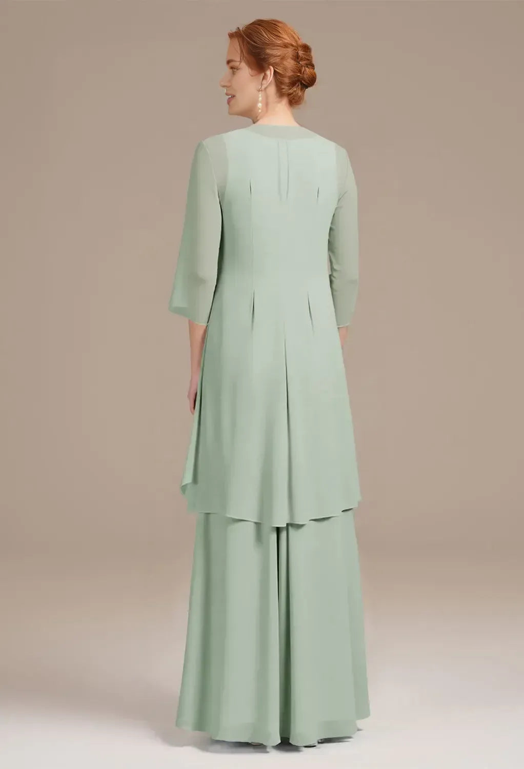 Beautiful A-line V Neck 3/4 Sleeves Pleated Chiffon Floor Length Mother of the Bride Dress