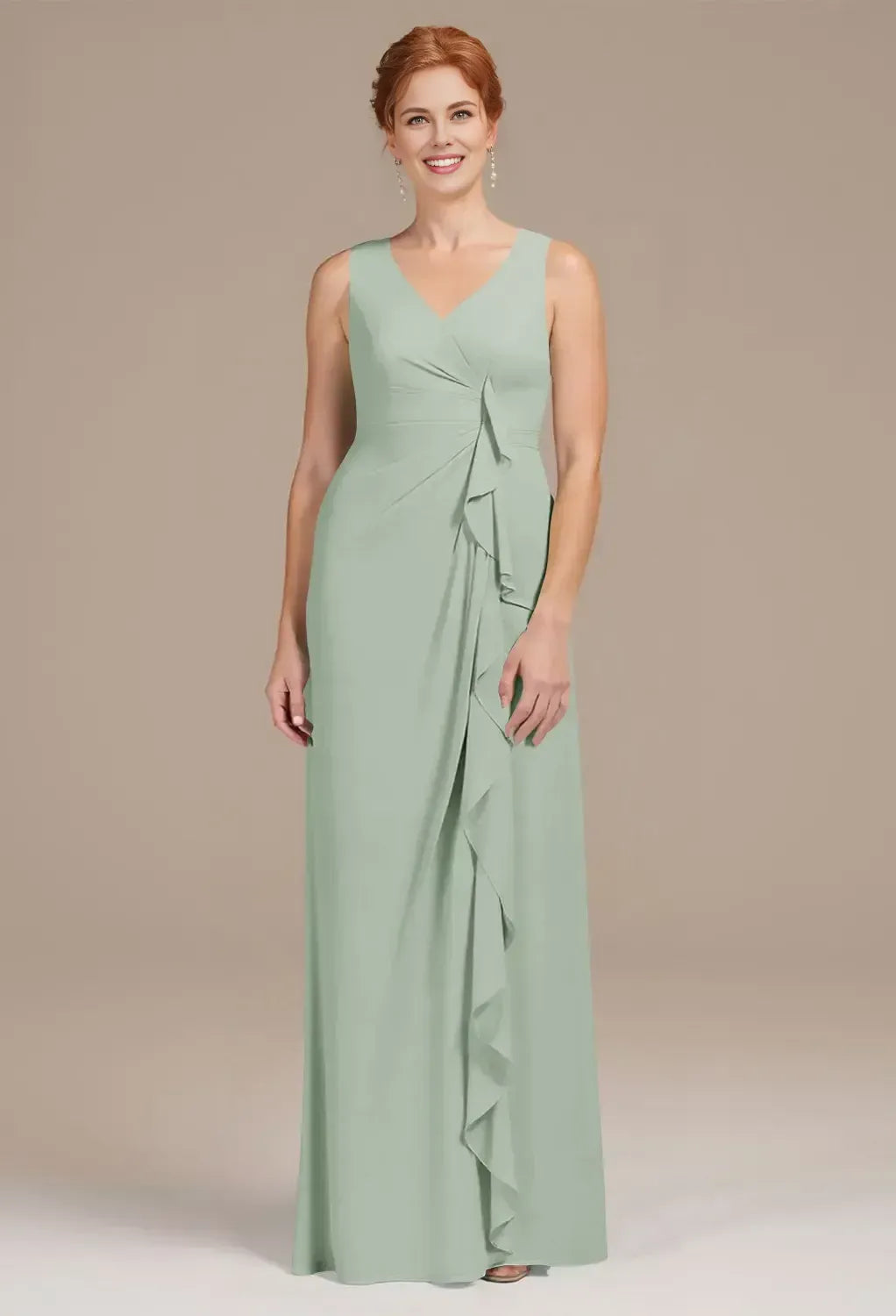 Beautiful A-line V Neck 3/4 Sleeves Pleated Chiffon Floor Length Mother of the Bride Dress