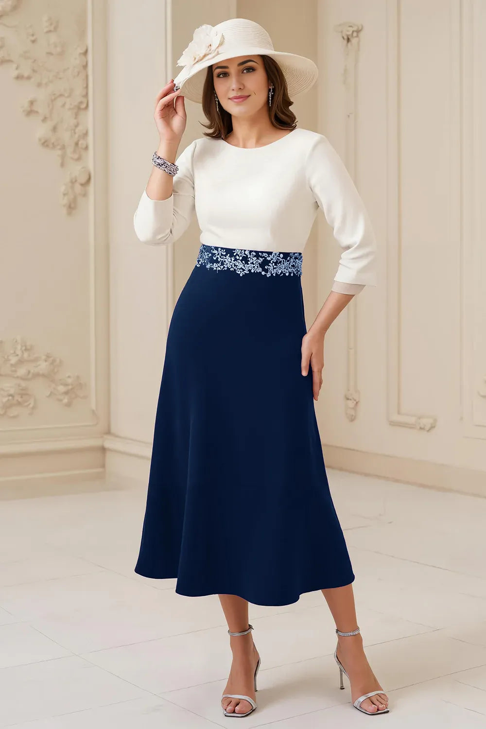 Beautiful A Line Boat Neck Long Sleeve Scoop Back Tea-Length Mother of the Bride Dress