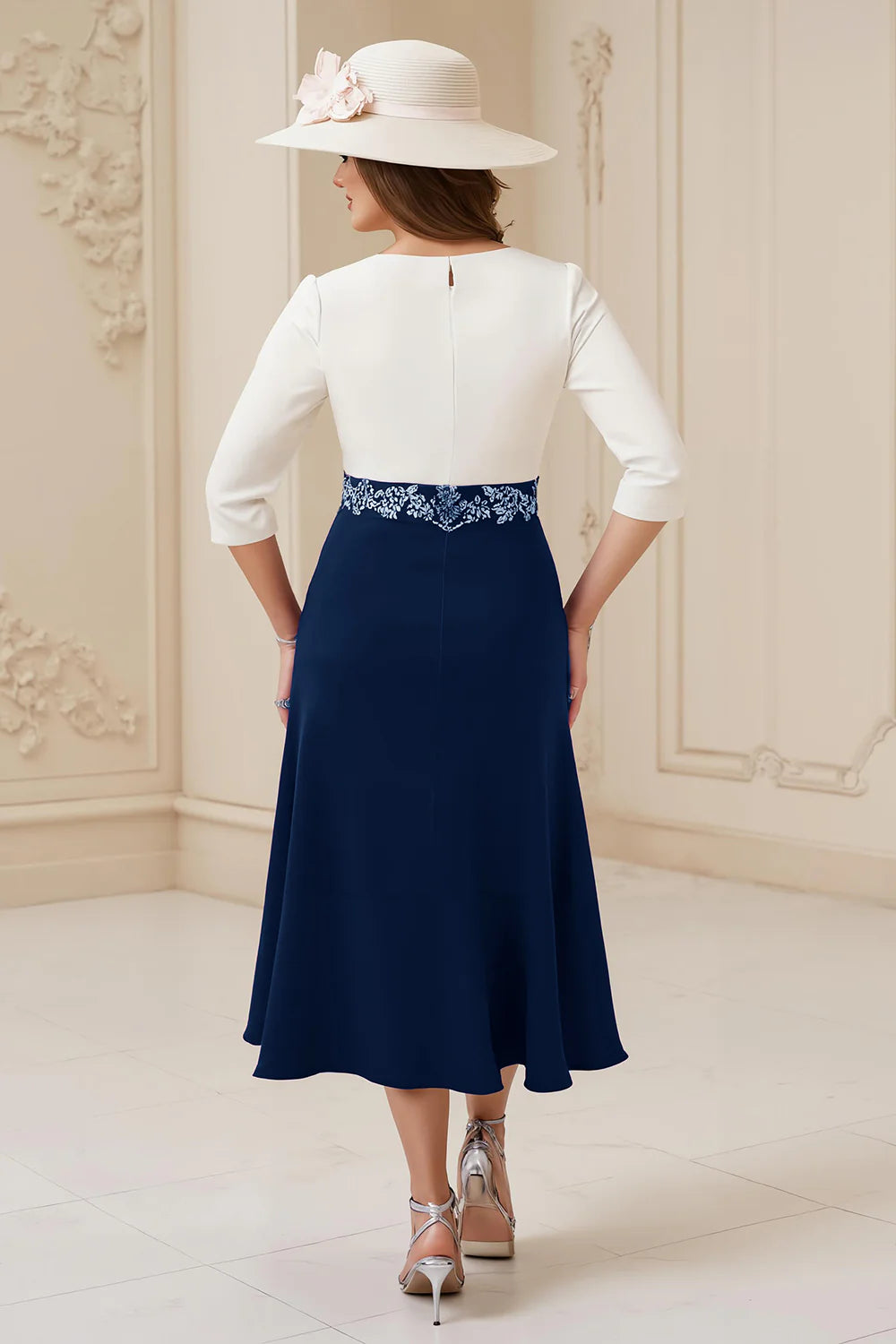 Beautiful A Line Boat Neck Long Sleeve Scoop Back Tea-Length Mother of the Bride Dress