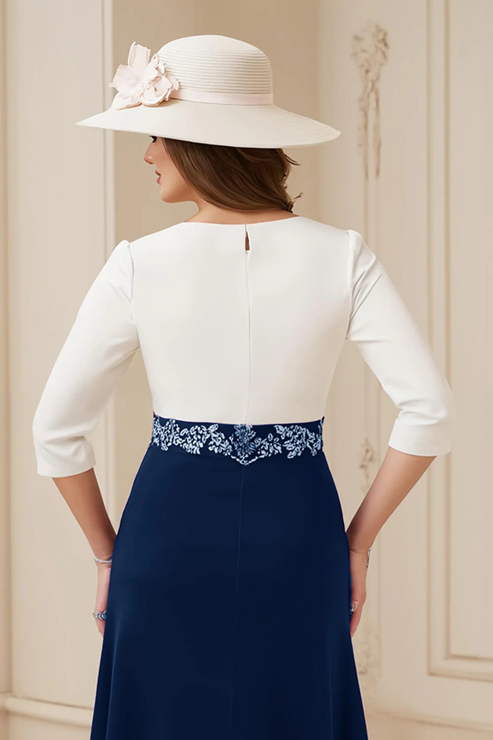 Beautiful A Line Boat Neck Long Sleeve Scoop Back Tea-Length Mother of the Bride Dress