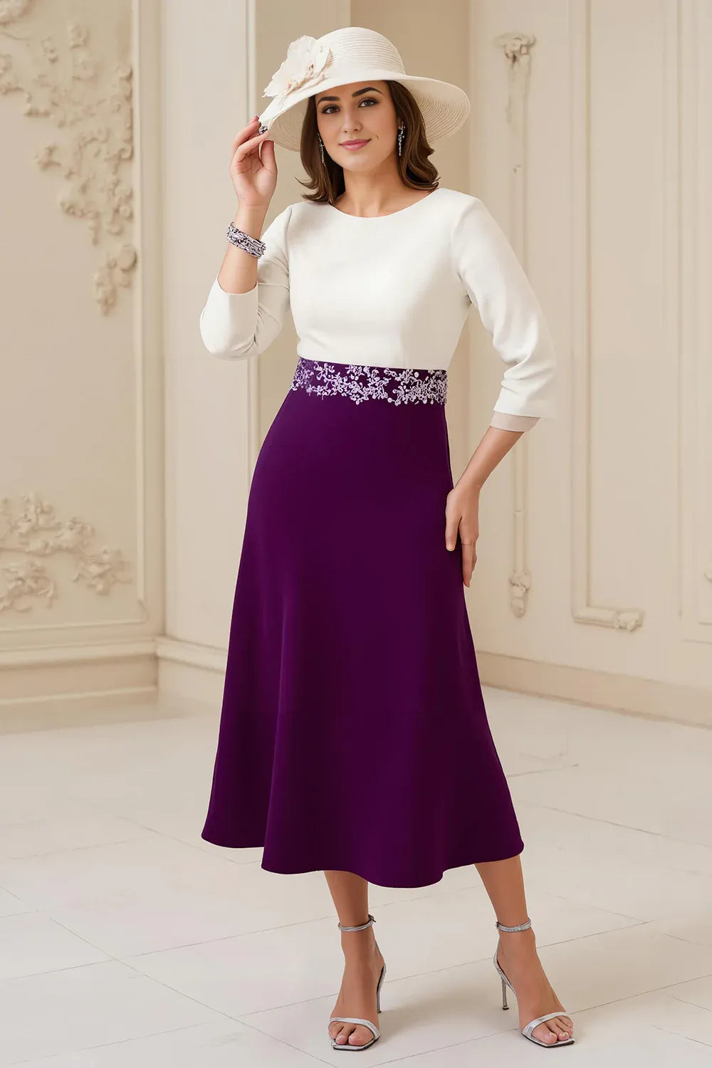 Beautiful A Line Boat Neck Long Sleeve Scoop Back Tea-Length Mother of the Bride Dress