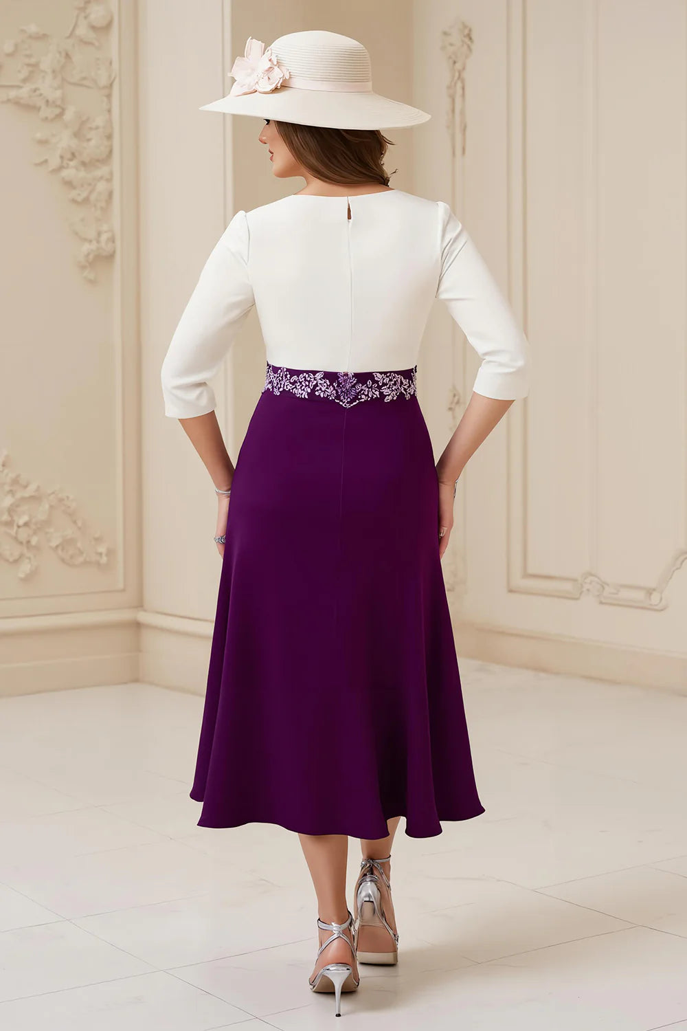 Beautiful A Line Boat Neck Long Sleeve Scoop Back Tea-Length Mother of the Bride Dress