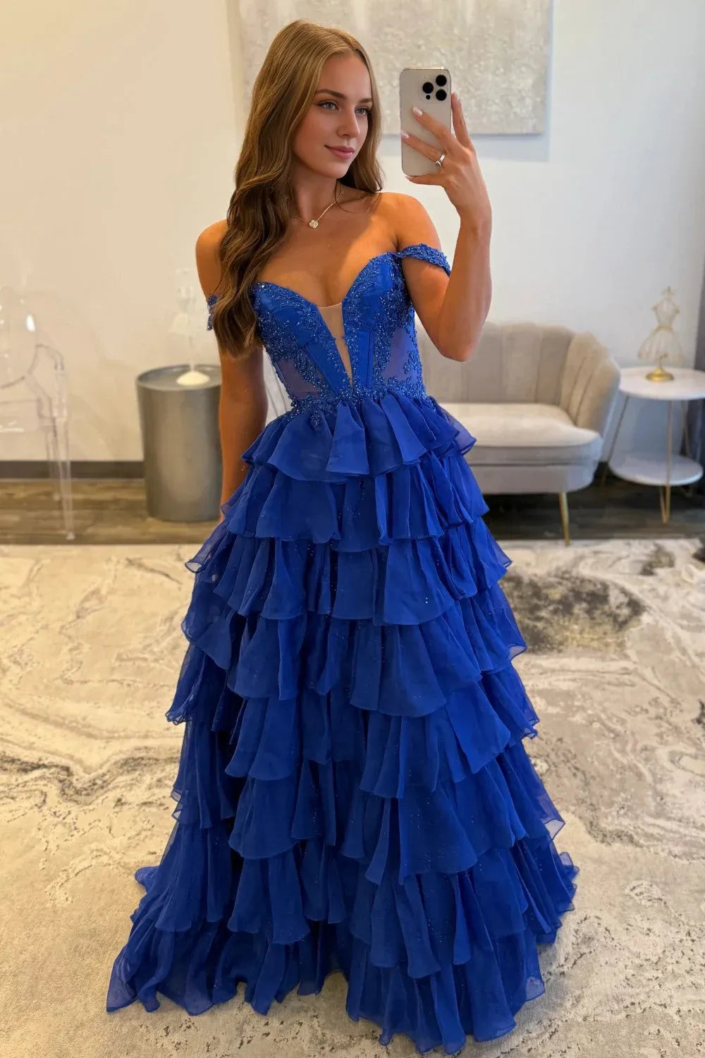 Beautiful A Line Off Shoulder Sleeveless Zipper Up Floor-Length Prom Dress
