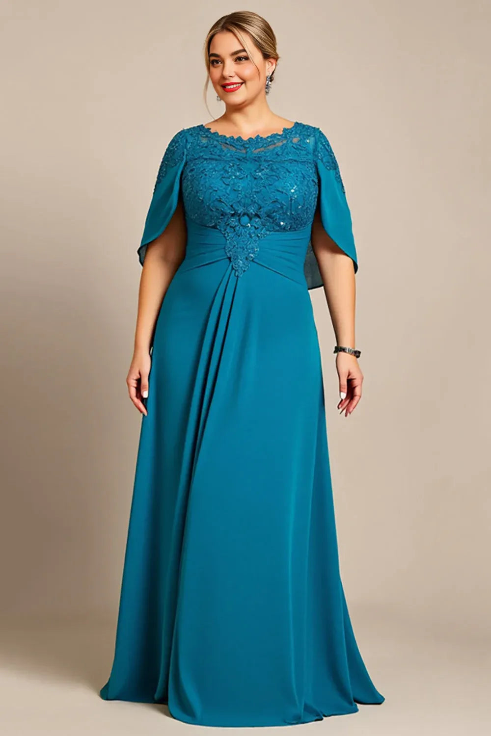 Beautiful A Line Scoop Neck Cape Sleeve Backless Floor-Length Plus Size Mother of the Bride Dress