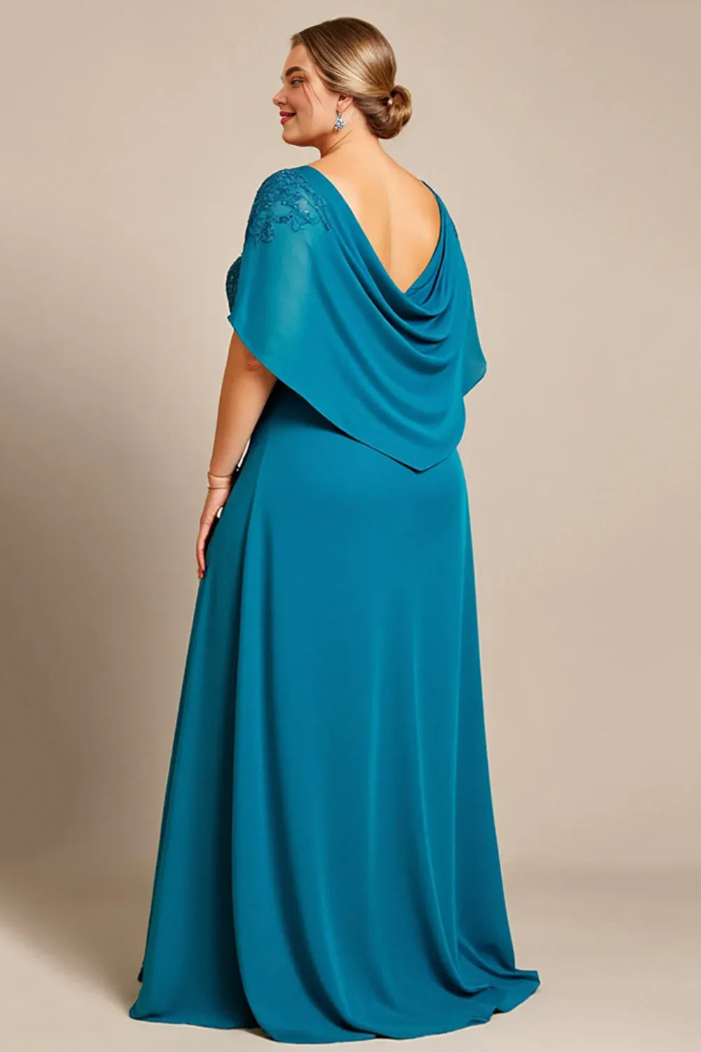 Beautiful A Line Scoop Neck Cape Sleeve Backless Floor-Length Plus Size Mother of the Bride Dress