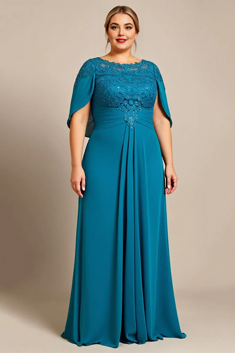 Beautiful A Line Scoop Neck Cape Sleeve Backless Floor-Length Plus Size Mother of the Bride Dress