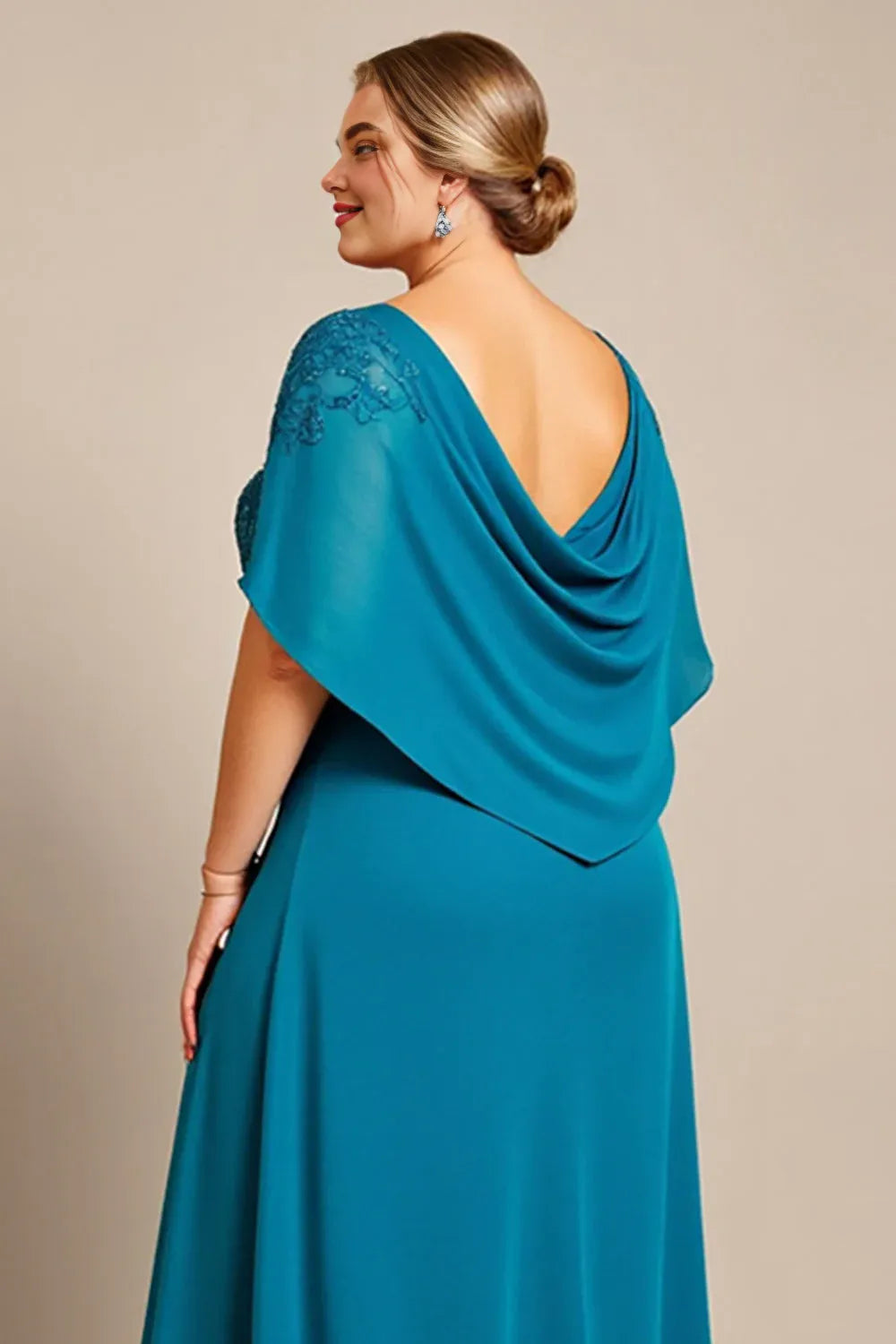 Beautiful A Line Scoop Neck Cape Sleeve Backless Floor-Length Plus Size Mother of the Bride Dress