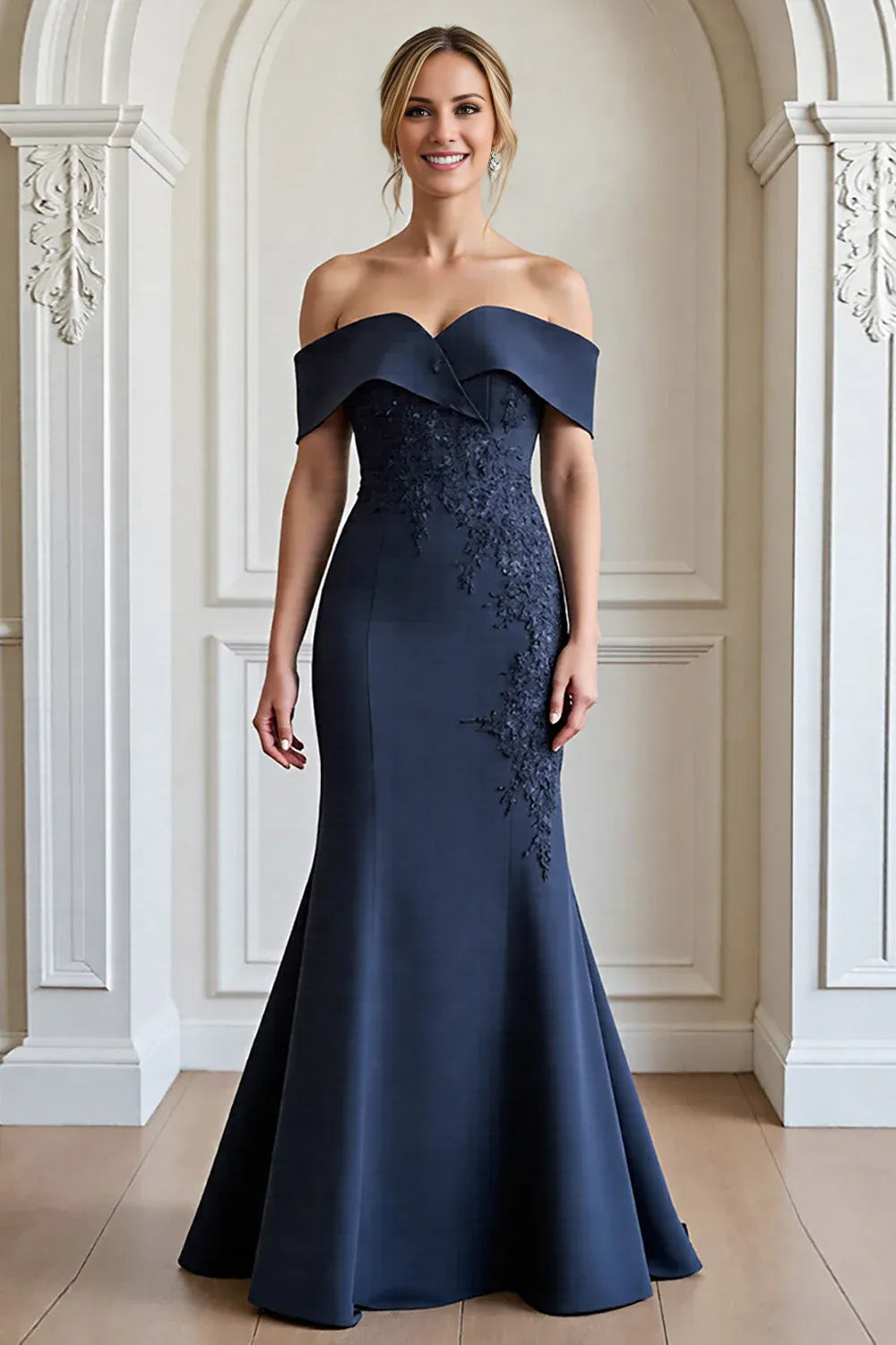 Beautiful Mermaid Off the Shoulder Dropped Shoulder Sleeves Zipper Up Floor-Length Mother of the Bride Dress