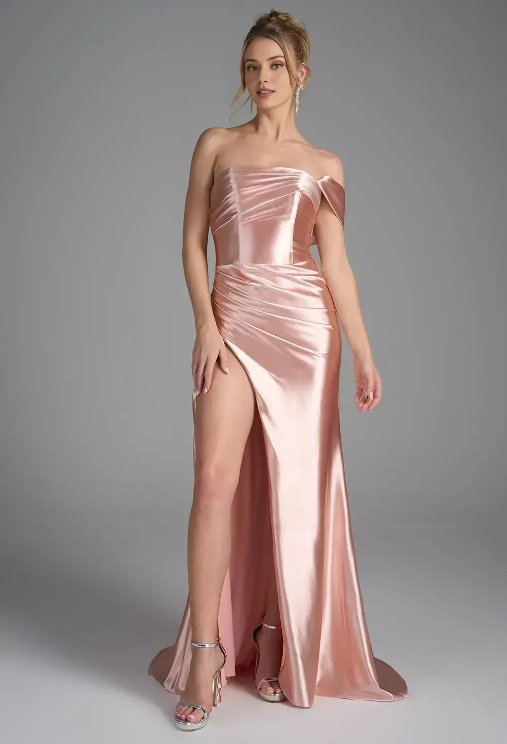 Beautiful Mermaid Straight Neck Sleeveless Pleated Satin Floor Length Prom Dress