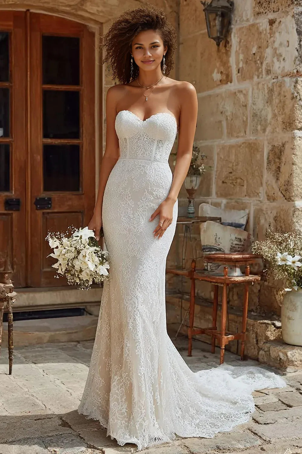 Beautiful Mermaid/Trumpet Corset Sleeveless Lace Sweep/Brush Train Wedding Dress
