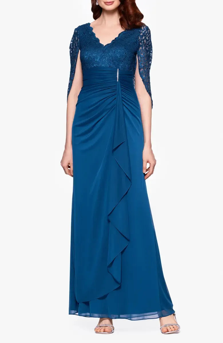 Beautiful Mermaid V Neck Capelet Sleeve V Back Floor-Length Mother of the Bride Dress