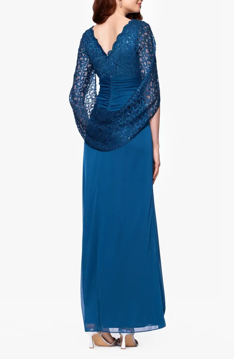 Beautiful Mermaid V Neck Capelet Sleeve V Back Floor-Length Mother of the Bride Dress