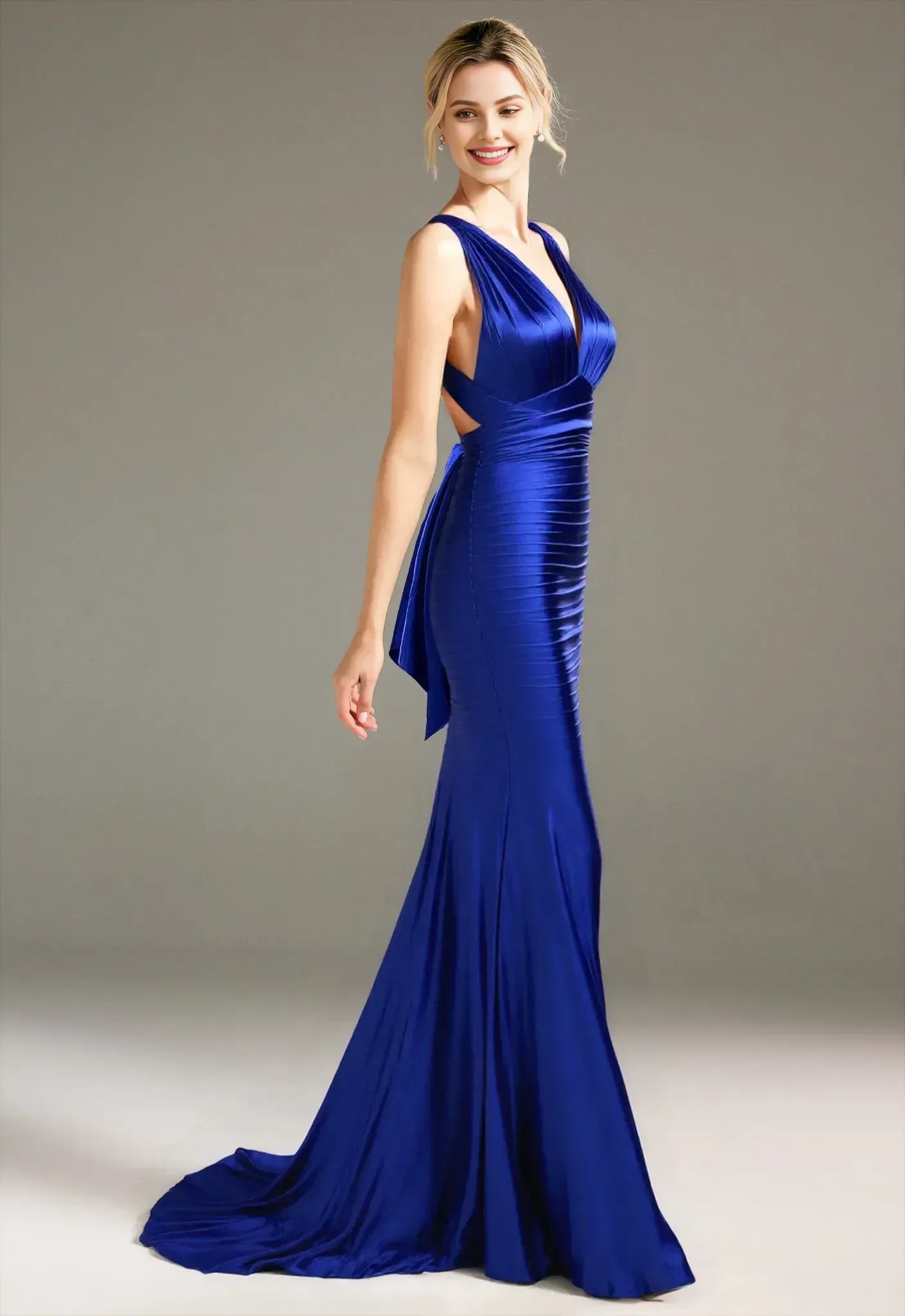Beautiful Mermaid V Neck Sleeveless Backless Satin Floor Length Prom Dress