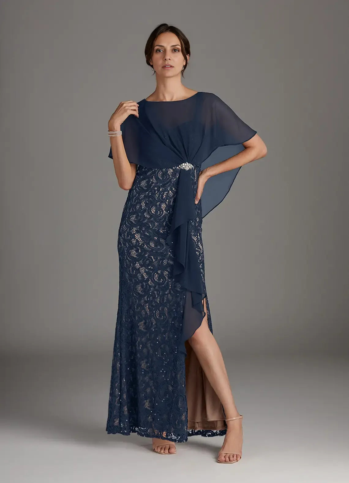 Beautiful Sheath Boat-Neck Flutter Sleeve Back Zip Floor-Length Mother of the Bride Dress
