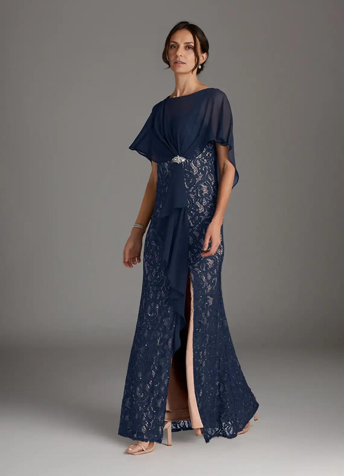 Beautiful Sheath Boat-Neck Flutter Sleeve Back Zip Floor-Length Mother of the Bride Dress
