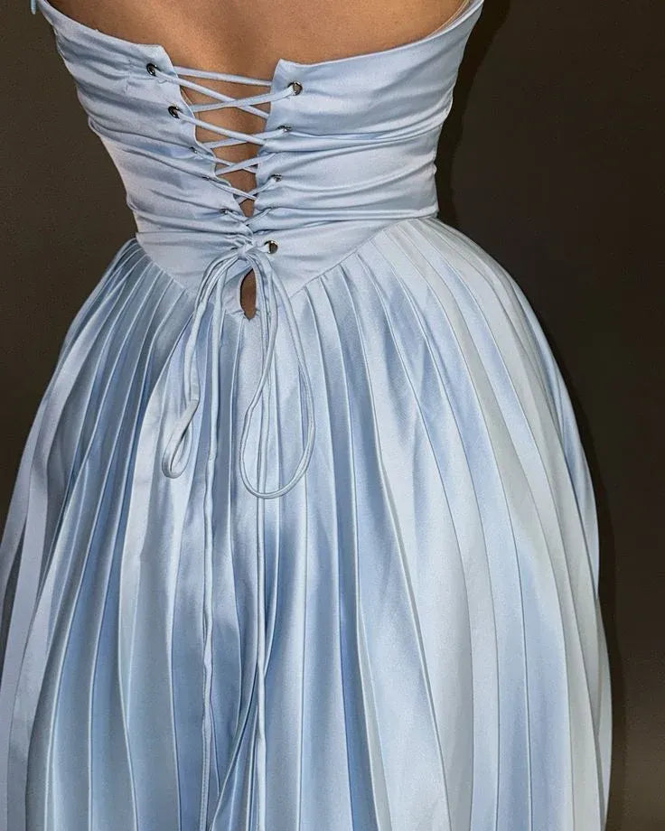 Beautiful Strapless Sleeveless A Line Pleated Satin Floor-Length Party Dress