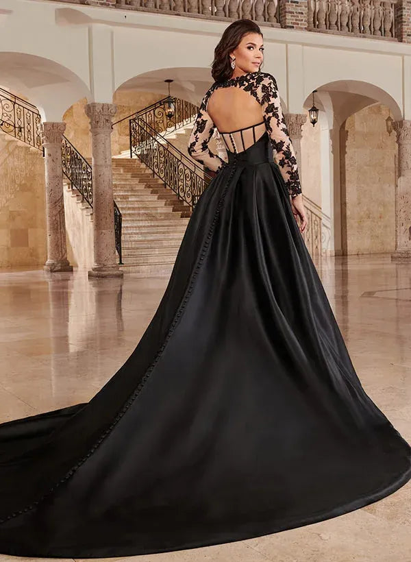 Beautiful V-Neck Long Sleeves Ball-Gown Satin Lace Court Train Prom Dress