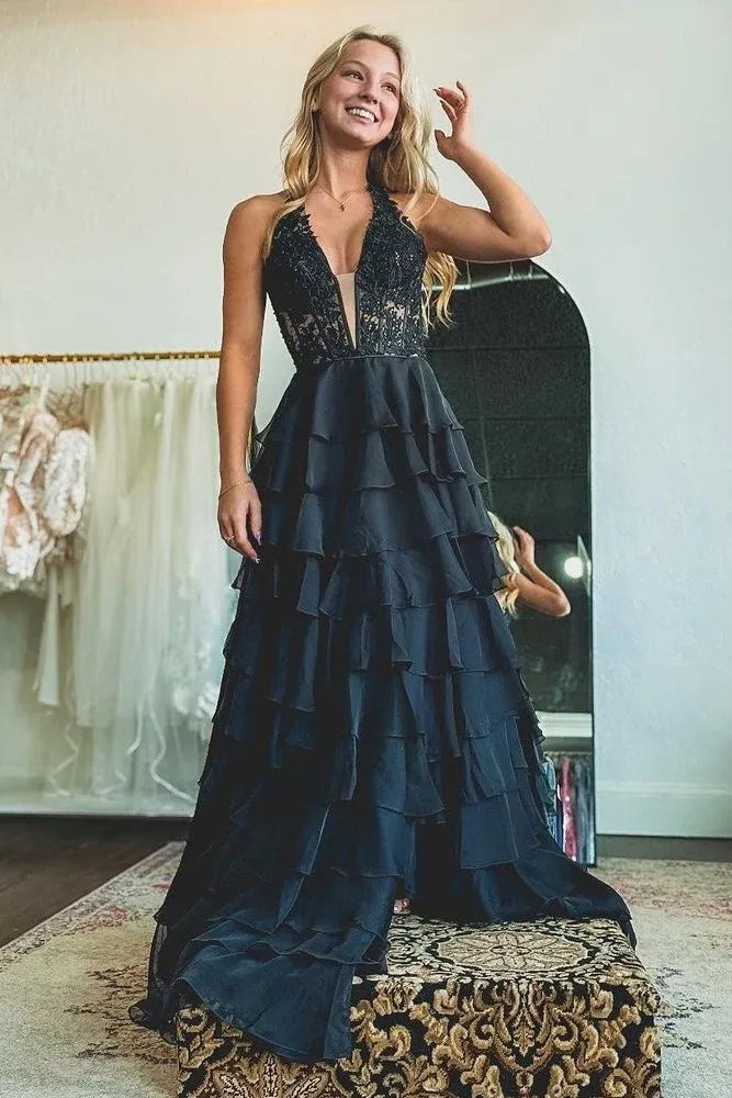 Beautiful V Neck Sleeveless Empire A-Line Chiffon Tiered Appliques Long Prom Dress