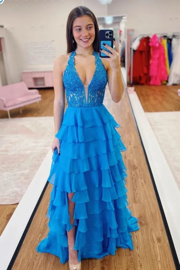 Beautiful V Neck Sleeveless Empire A-Line Chiffon Tiered Appliques Long Prom Dress