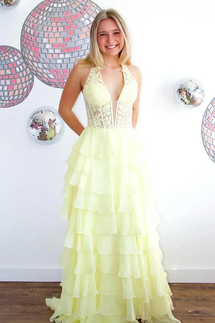 Beautiful V Neck Sleeveless Empire A-Line Chiffon Tiered Appliques Long Prom Dress