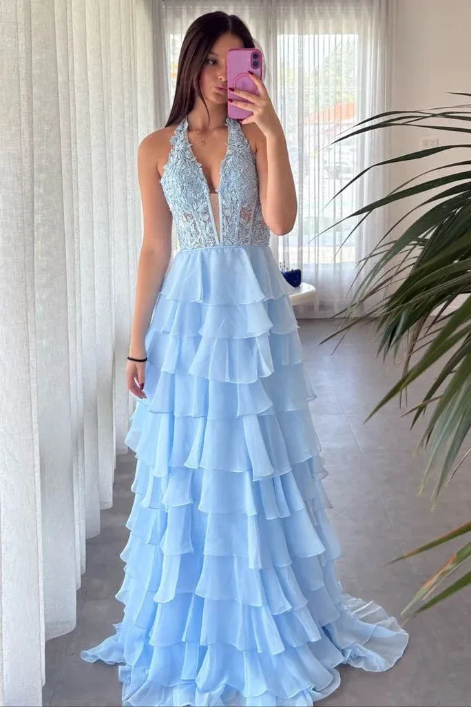 Beautiful V Neck Sleeveless Empire A-Line Chiffon Tiered Appliques Long Prom Dress