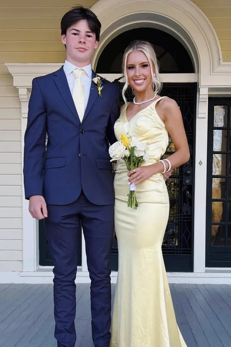 Beautiful V Neck Sleeveless Mermaid Satin Pleated Long Prom Dress