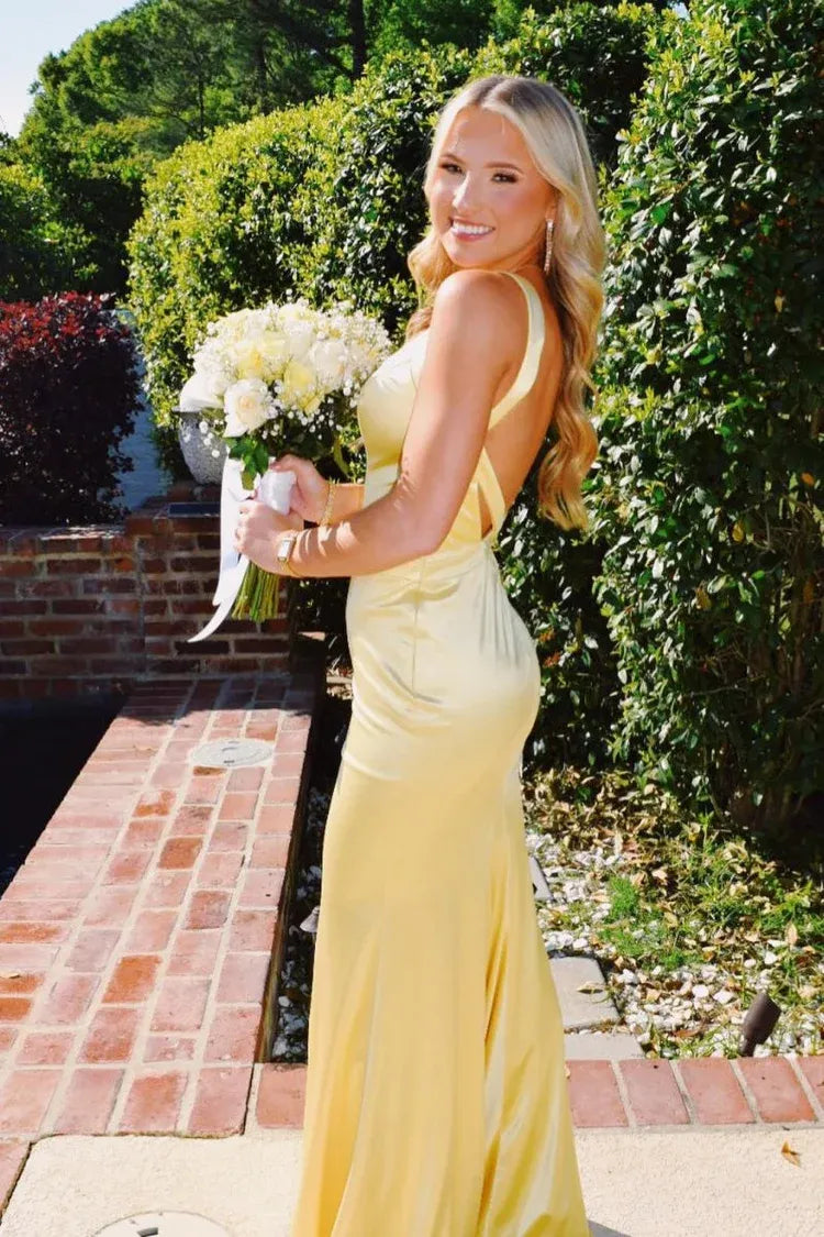 Beautiful V Neck Sleeveless Mermaid Satin Pleated Long Prom Dress