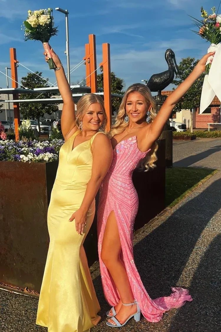 Beautiful V Neck Sleeveless Mermaid Satin Pleated Long Prom Dress