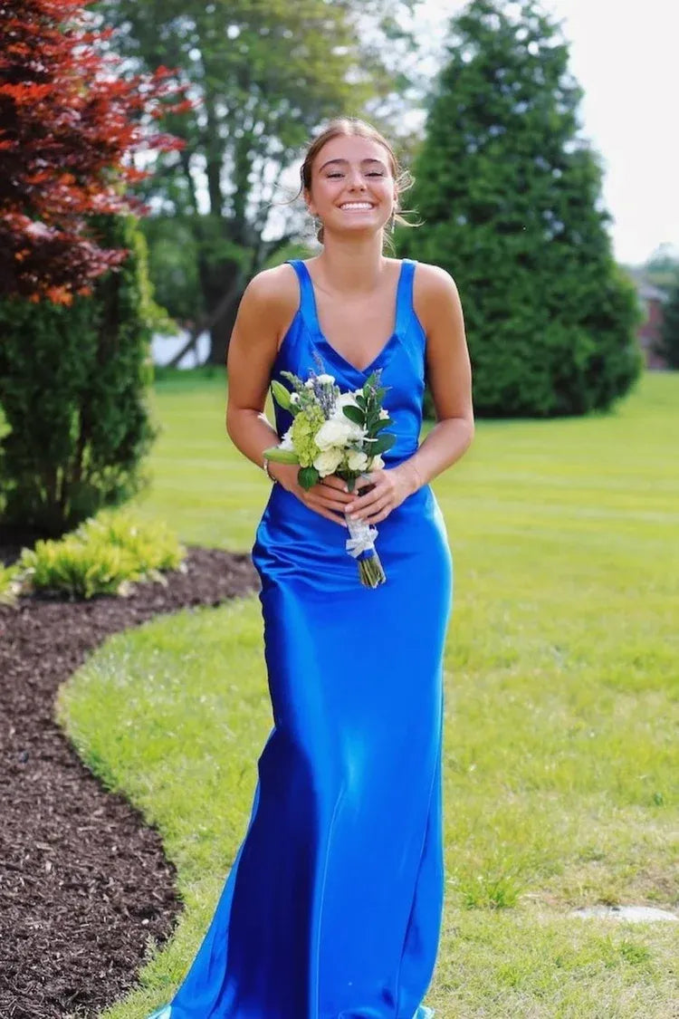 Beautiful V Neck Sleeveless Mermaid Satin Pleated Long Prom Dress