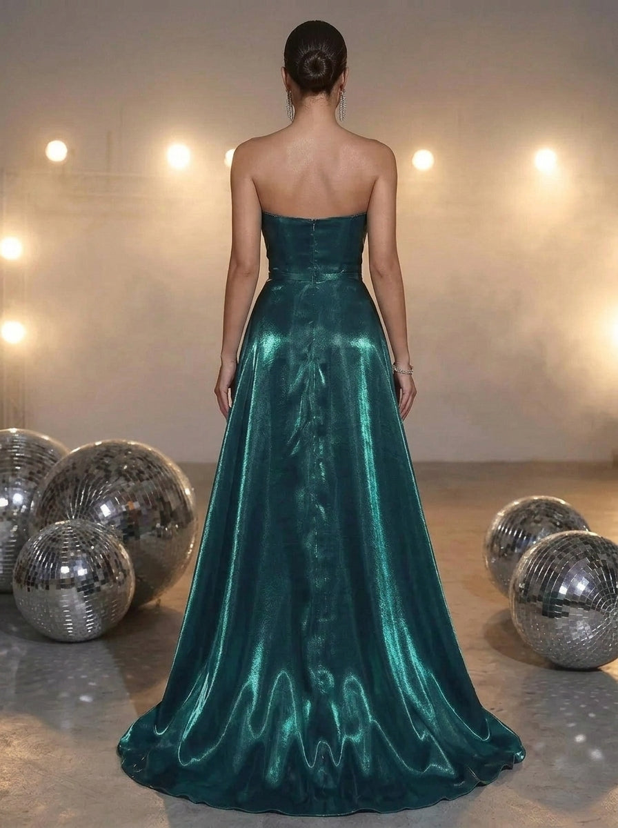 Beautiful A-Line Strapless Ruched High Slit Emerald Green Floor-Length Prom Dress
