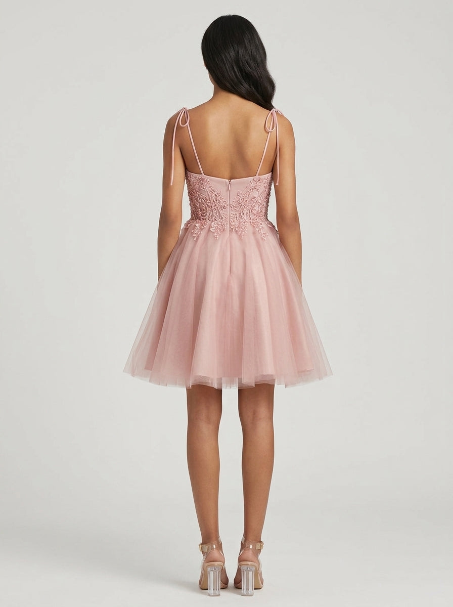 Beautiful A-Line Sweetheart Beaded Appliques Tulle Dusty Pink Short Homecoming Dress