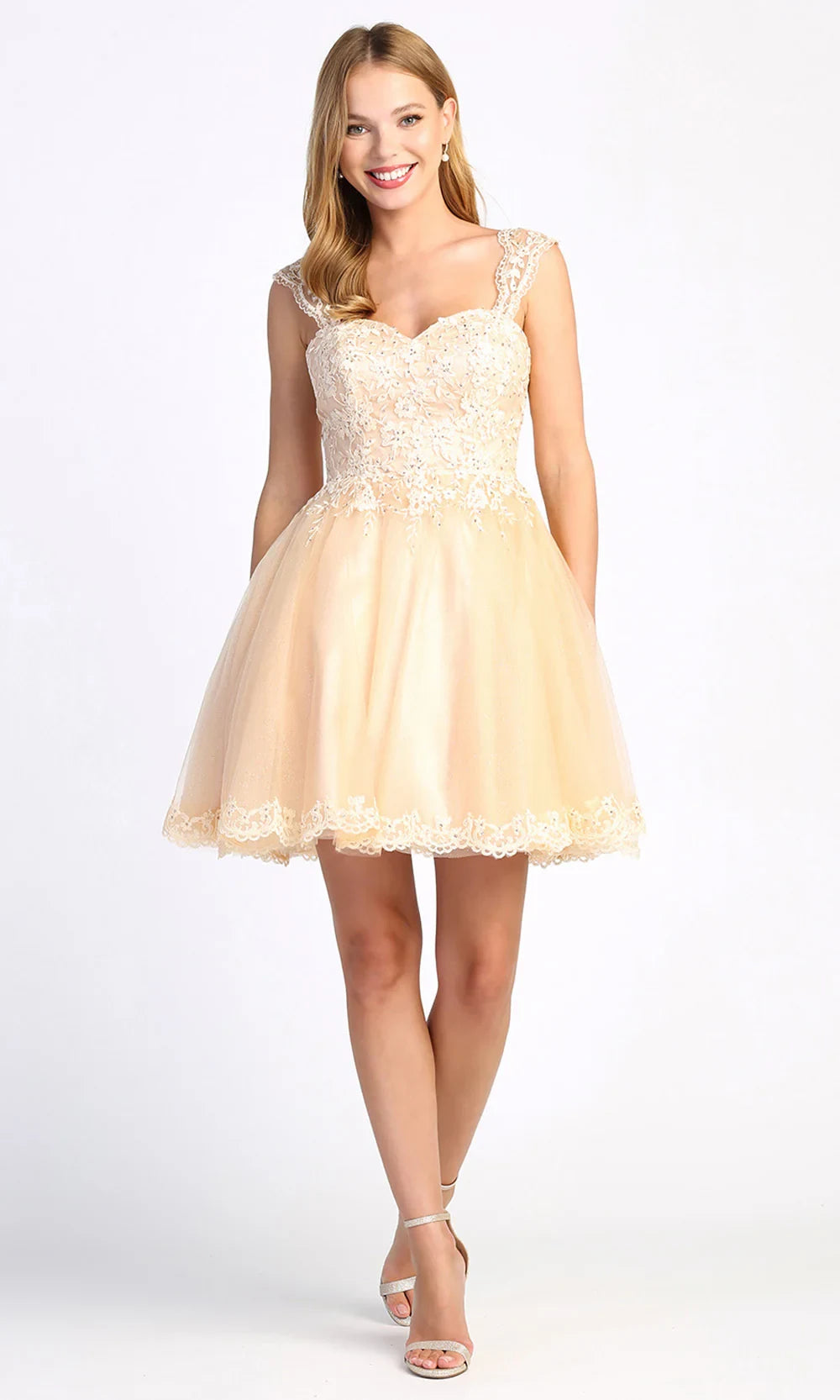 Beautiful A-Line Sweetheart Cap Sleeve Glittery Lace Embroidered Silver Short Homecoming Dress