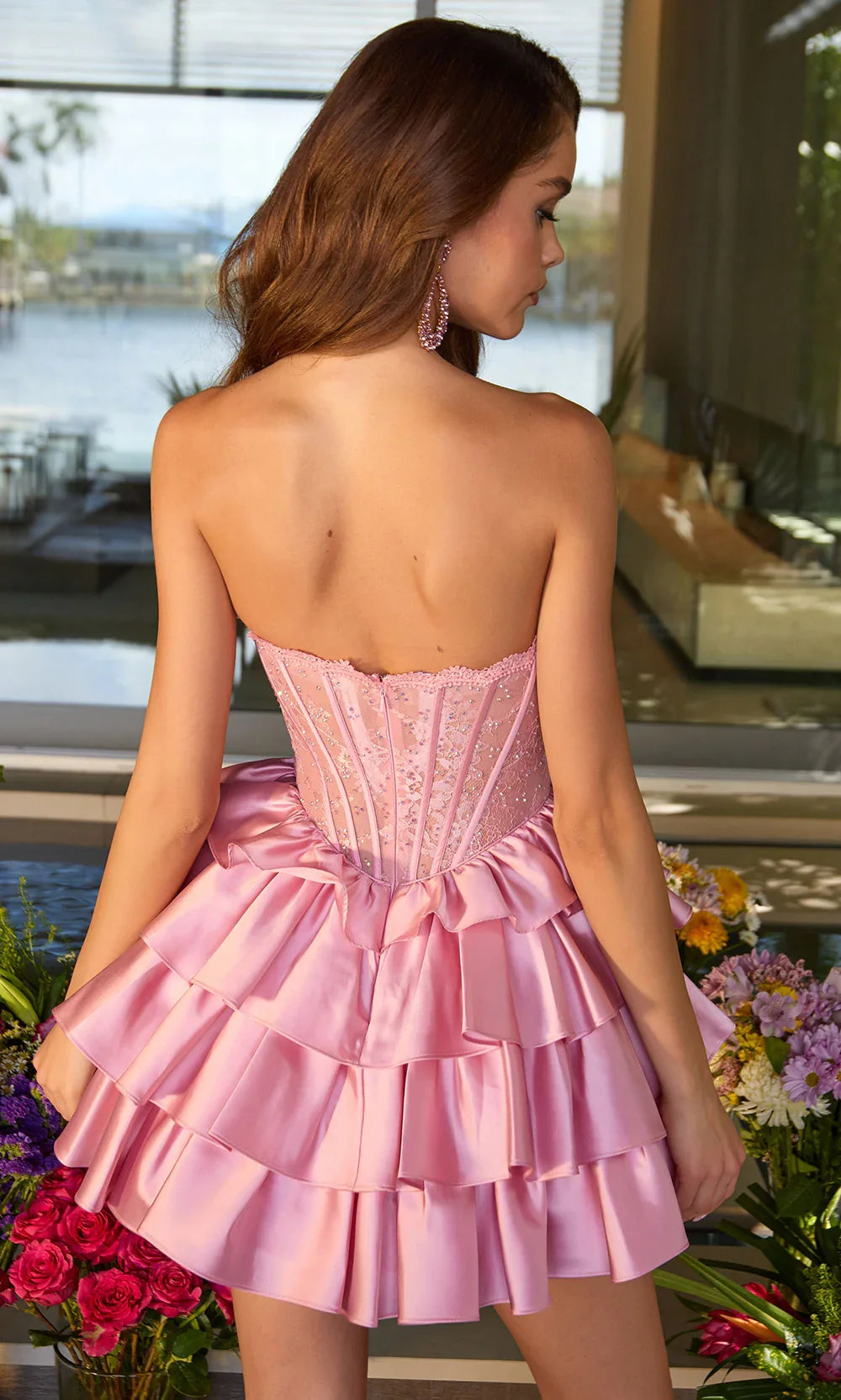 Beautiful A-Line Sweetheart Corset Lace Tiered Ruffle Pink Mini Homecoming Dress