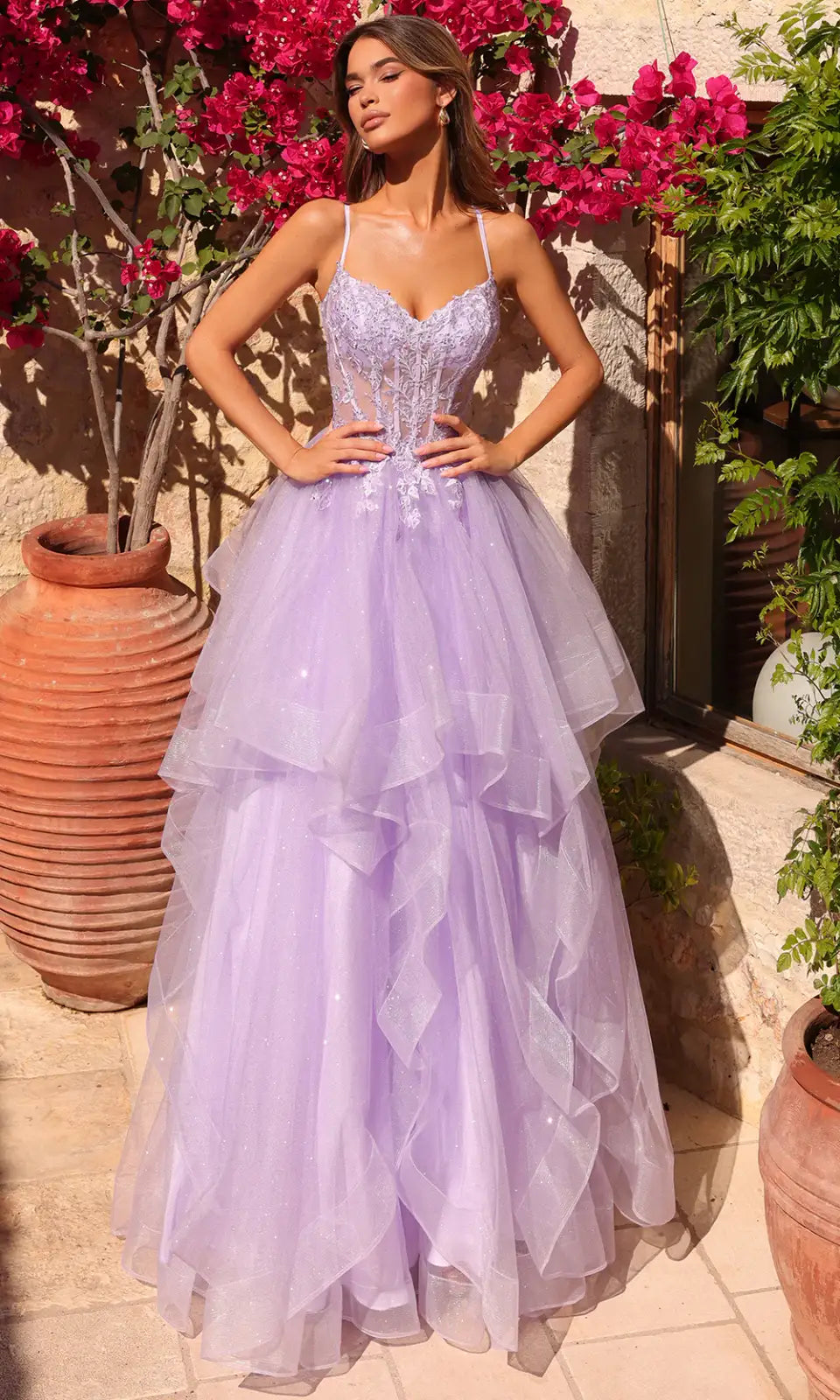 Beautiful A-Line Sweetheart Glittering Tiered Tulle Lilac Floor-Length Prom Dress