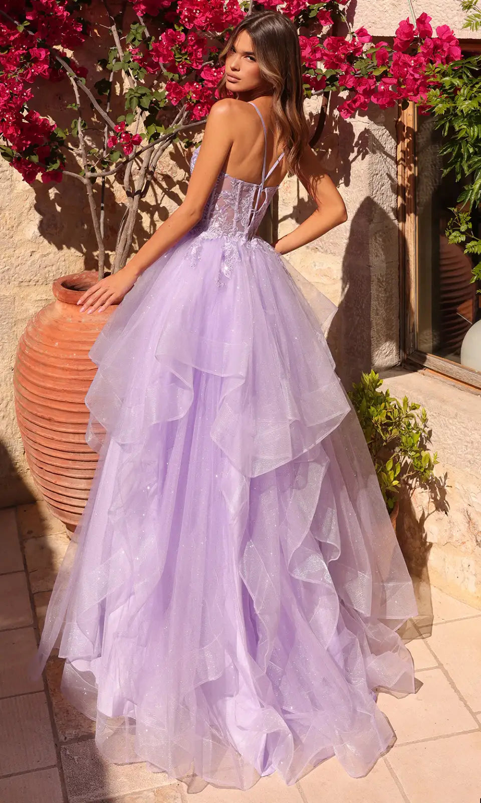 Beautiful A-Line Sweetheart Glittering Tiered Tulle Lilac Floor-Length Prom Dress