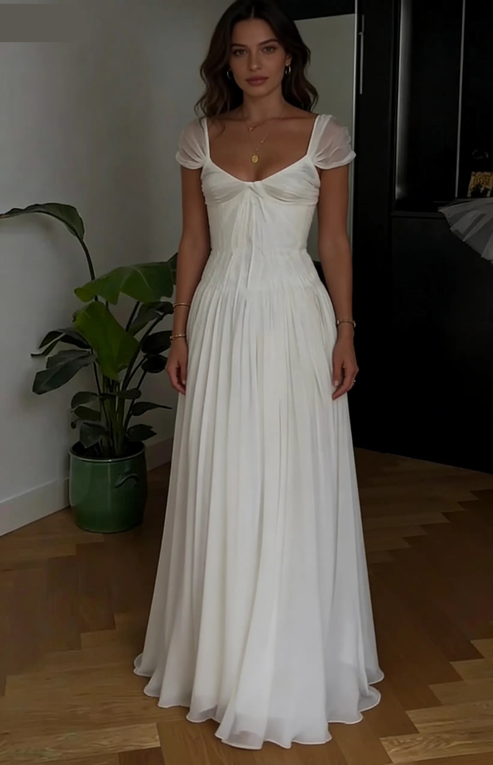 Beautiful A-Line Sweetheart Puff-Sleeve Low-Back Chiffon White Train Prom Dress