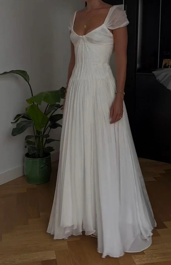 Beautiful A-Line Sweetheart Puff-Sleeve Low-Back Chiffon White Train Prom Dress