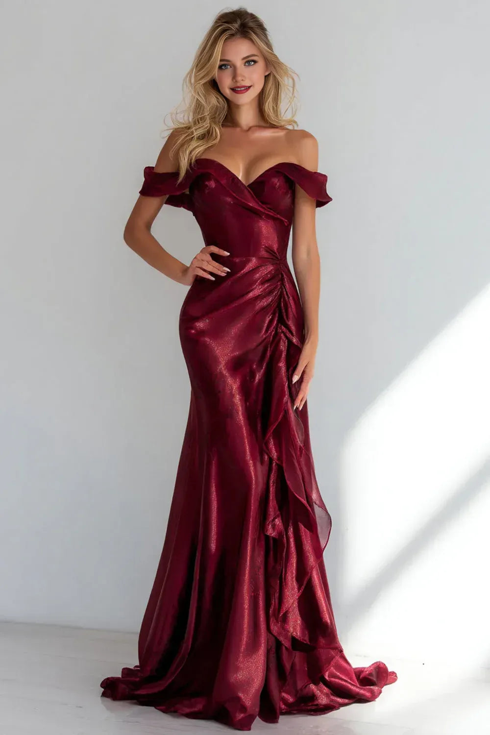 Beautiful Mermaid Off the Shoulder Sleeveless Ruffles Satin Floor-Length Prom Dress
