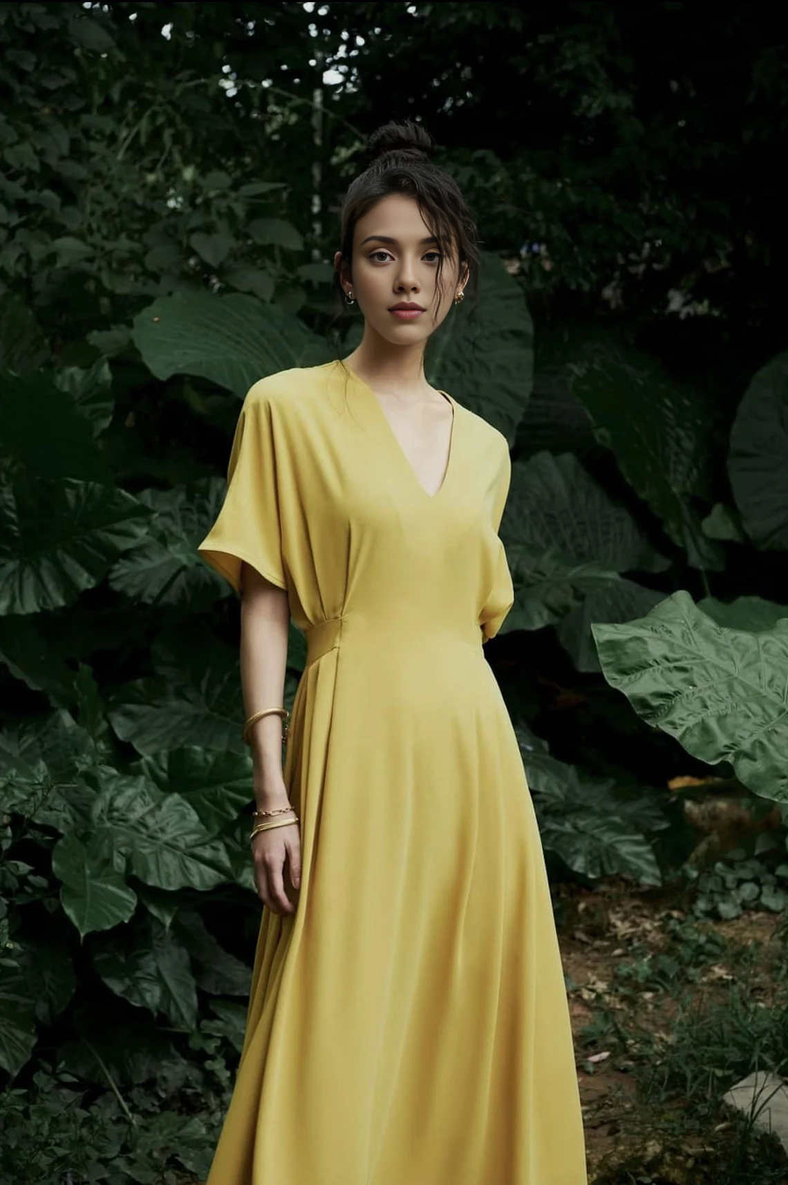 Belle robe de soirée trapèze à col en V et manches courtes, longueur cheville 