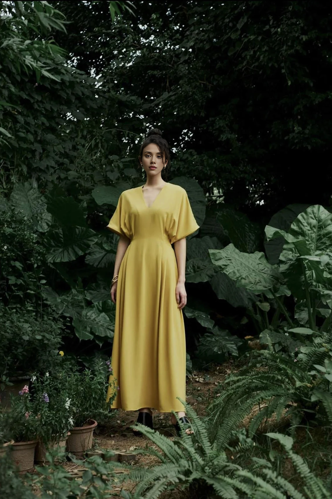 Belle robe de soirée trapèze à col en V et manches courtes, longueur cheville 