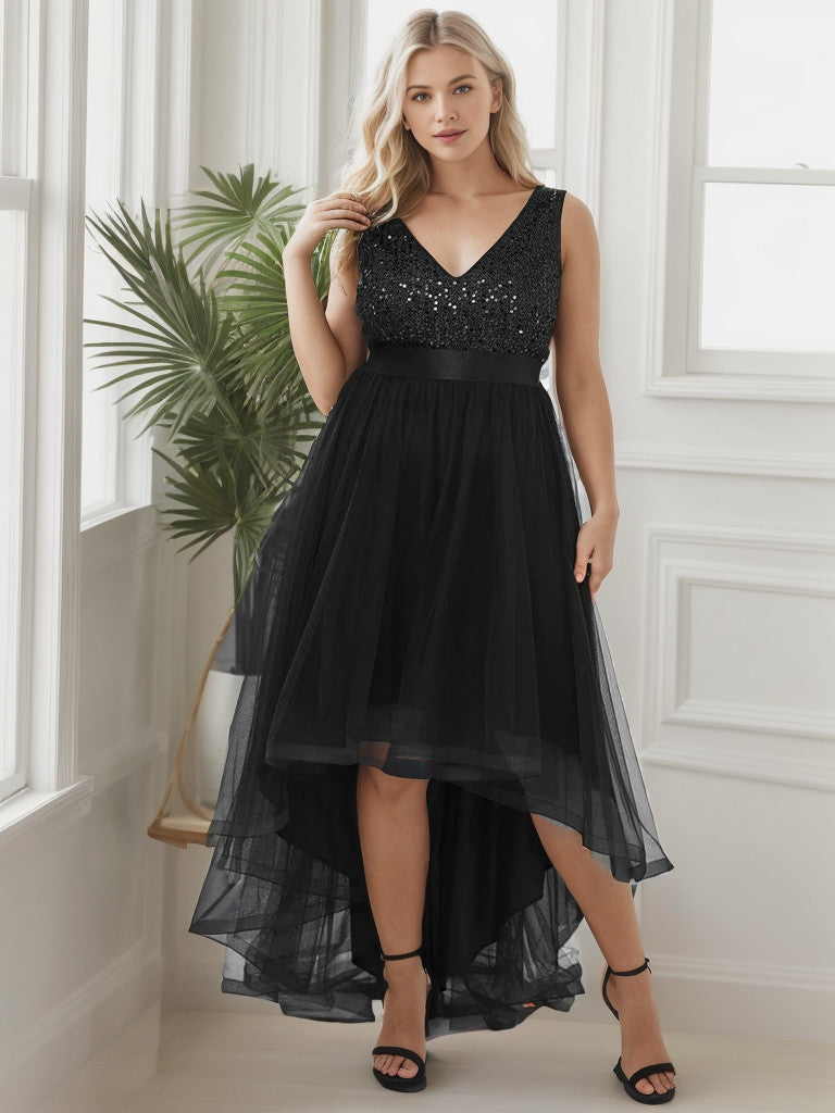 Robe de soirée grande taille Weitese sans manches en tulle à paillettes et ruban à taille haute