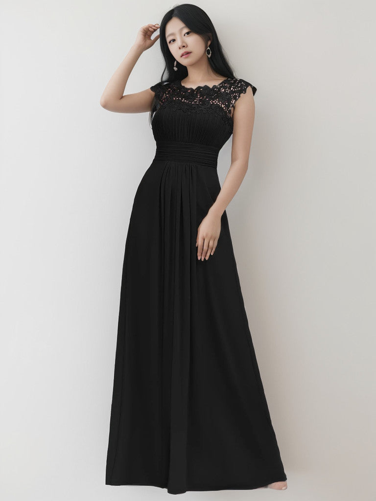 Weitese Maxi Lace Cap Sleeve Long Formal Evening Dress