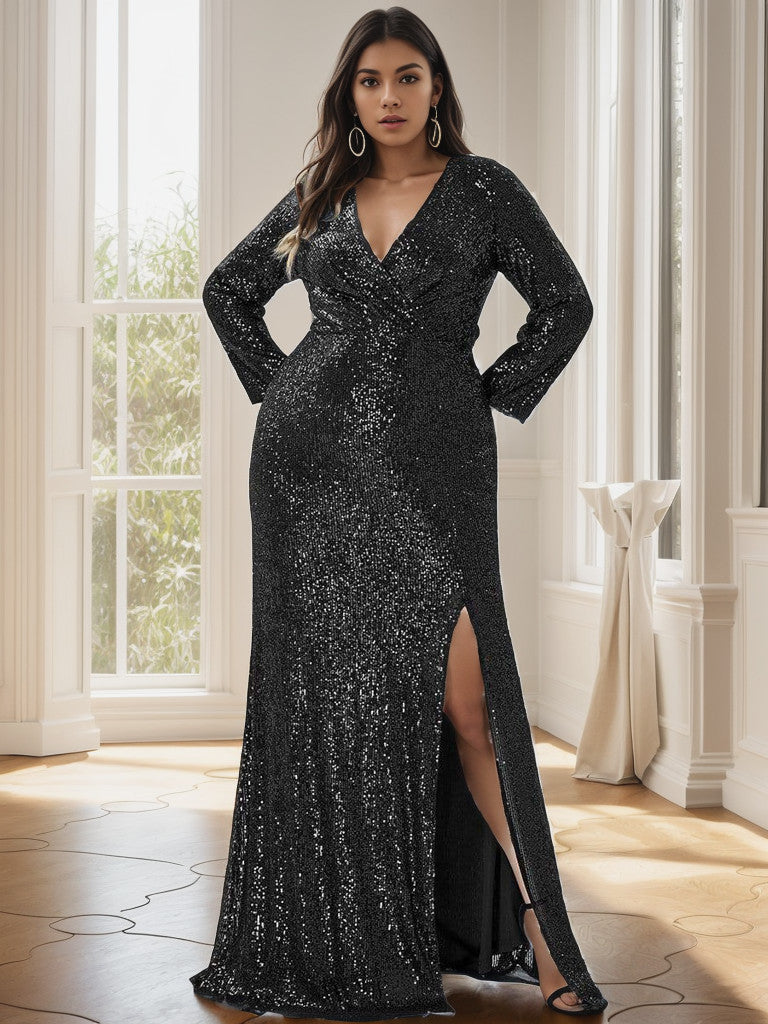 Robe de soirée grande taille Weitese, sexy, décolleté en V profond, corsage à paillettes