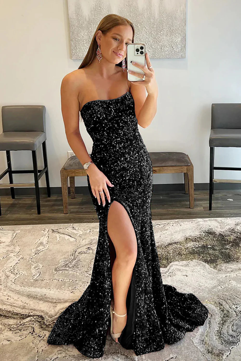 Off-the-Shoulder Sequins Mermaid Strapless Long Prom Dress With Slit