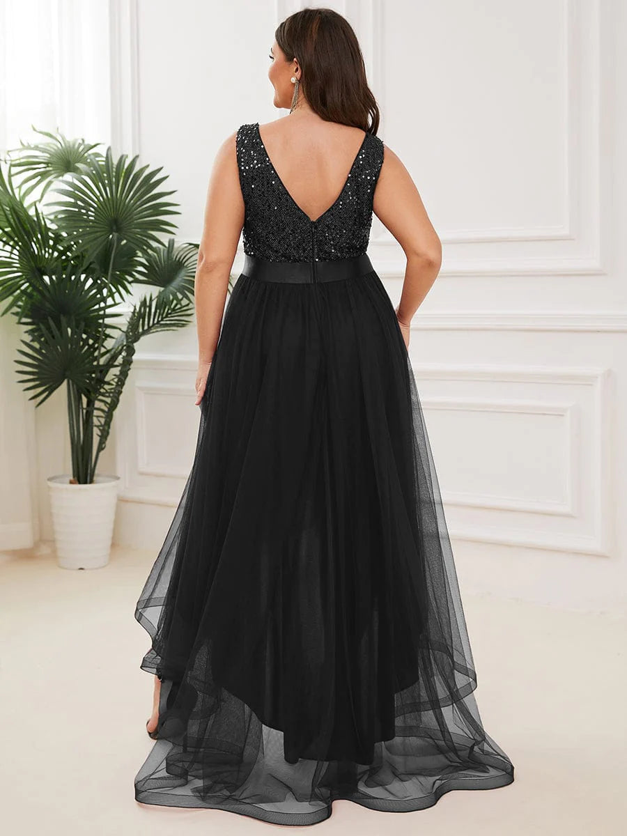 Robe de soirée grande taille Weitese sans manches en tulle à paillettes et ruban à taille haute