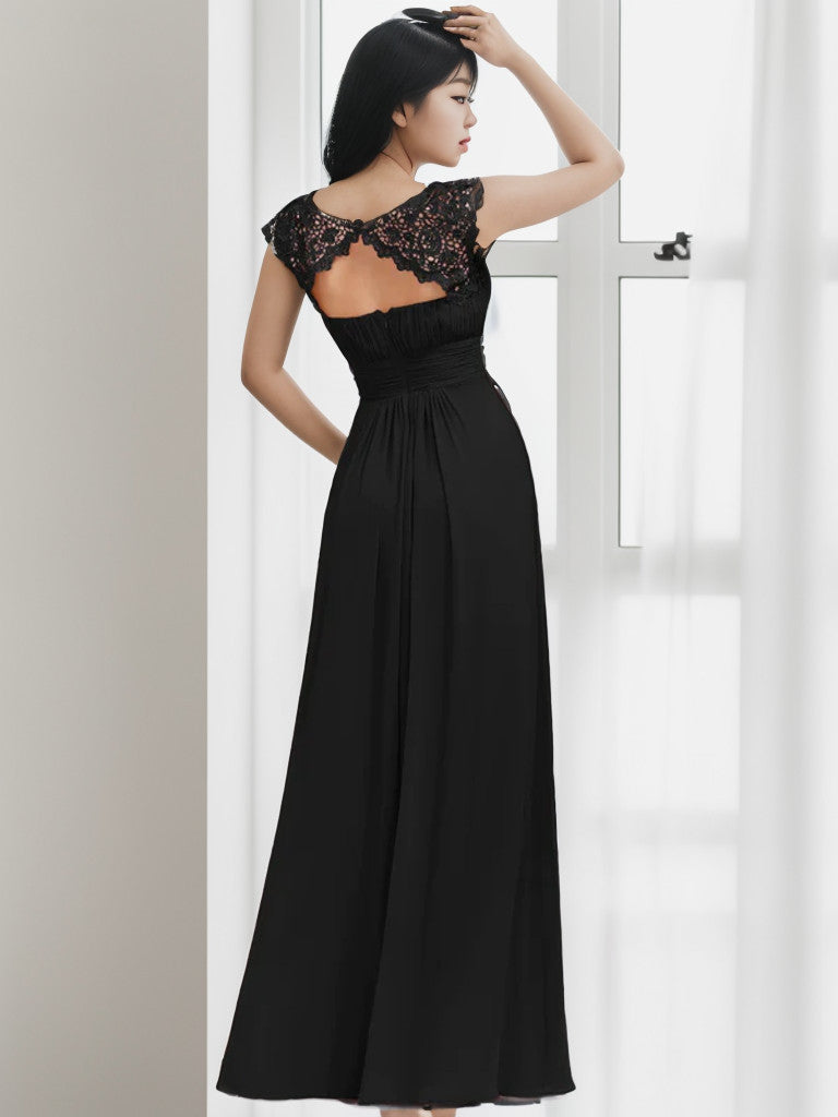 Weitese Maxi Lace Cap Sleeve Long Formal Evening Dress