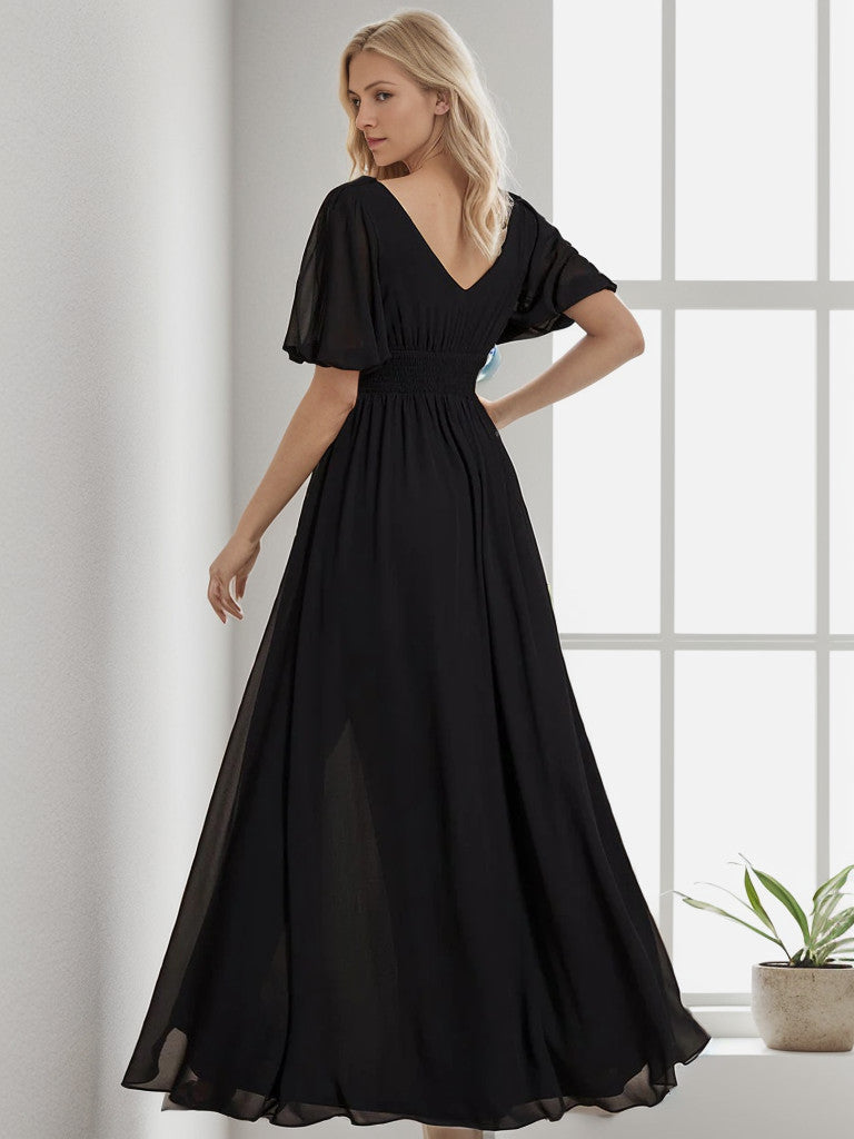 Weitese Chiffon Illusion V-Neck Flutter Sleeve Front Slit Evening Dress