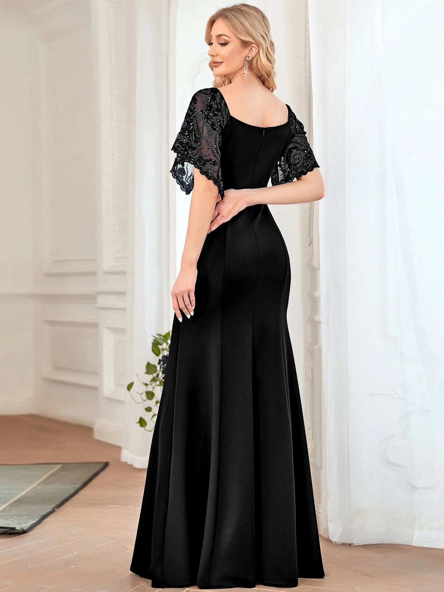 Weitese Sexy V Neck Maxi Bodycon Evening Dress with Flare Sleeves