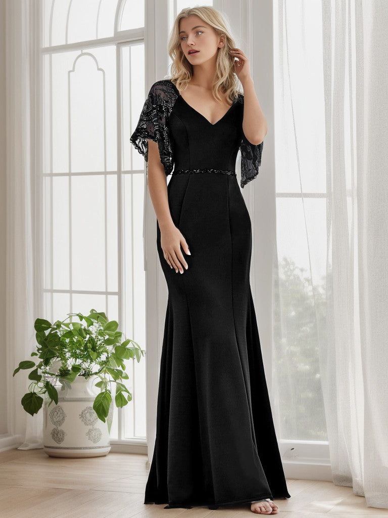 Weitese Sexy V Neck Maxi Bodycon Evening Dress with Flare Sleeves